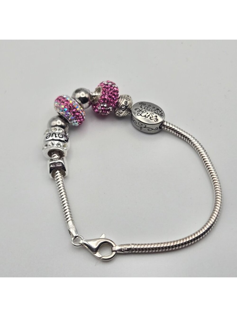 Sterling Silver 925 Celebrate Life Charm Bracelet Pink Crystal Beads 18g